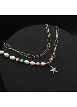 Naszyjnik pół na pół długi z łańcuszkiem diamentowanym i naturalną perłą