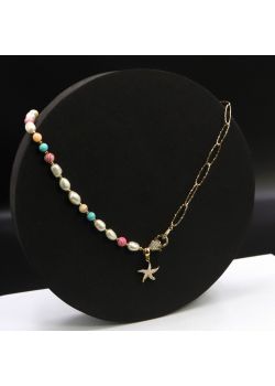 Naszyjnik pół na pół długi z łańcuszkiem diamentowanym i naturalną perłą